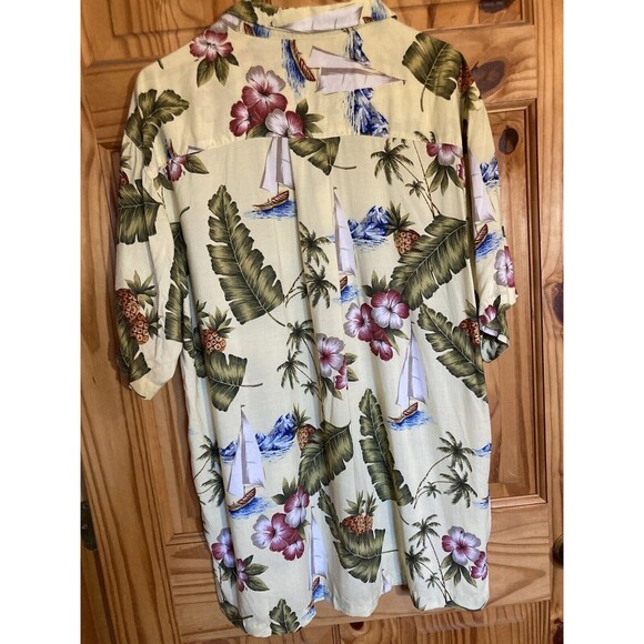 M.E. Sport Mens XL Hawaiian Shirt Yellow Floral Short Sleeve Rayon Sailboat - Picture 5 of 8